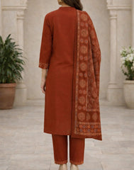 Rust Pure Cotton Suit Set with Printed Dupatta