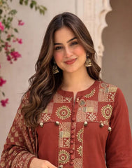 Rust Pure Cotton Suit Set with Printed Dupatta