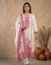 Elegant Pure Mul Cotton suit set in White with dark pink weaving