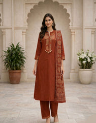 Rust Pure Cotton Suit Set with Printed Dupatta