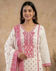 Elegant Pure Mul Cotton suit set in White with dark pink weaving
