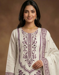 Elegant Pure Mul Cotton Suit – White with Dark Purple weaving